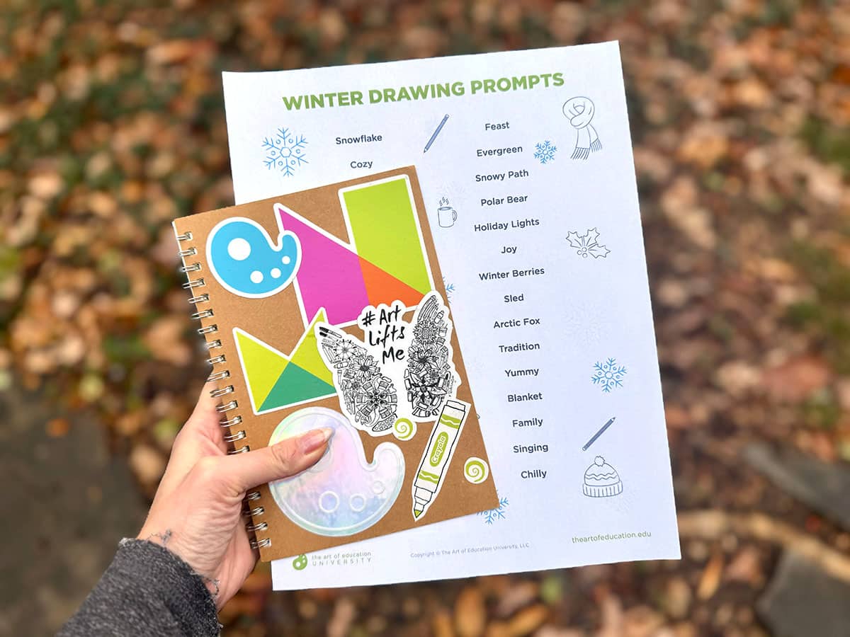 sketchbook with winter drawing prompts download
