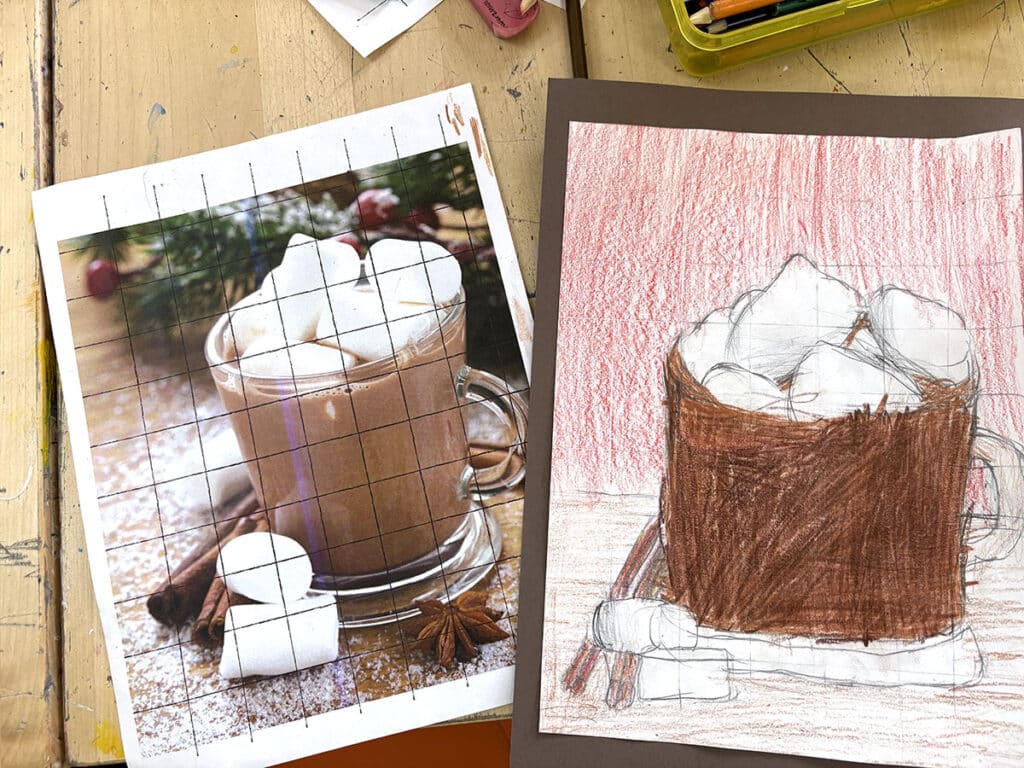 hot chocolate grid drawing artwork with image
