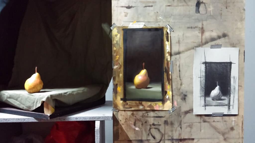 still life of a pear with painting