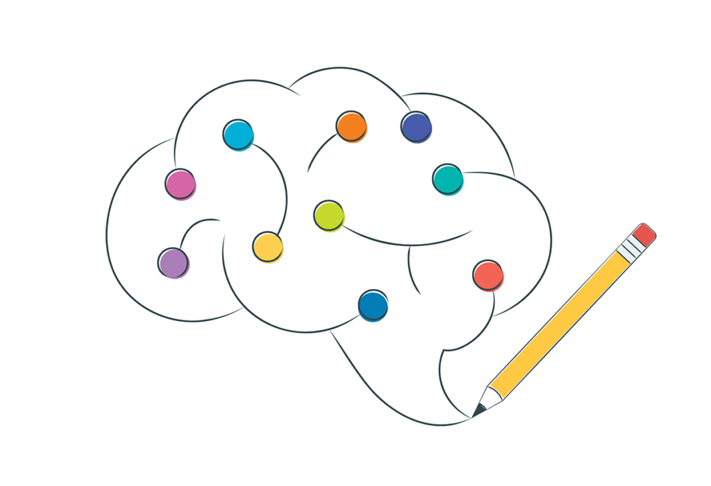 pencil drawing speech caption that is in the shape of a brain