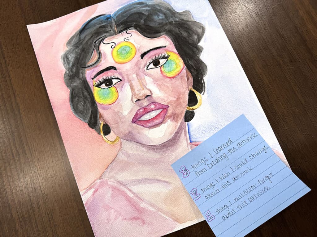 3 2 1 reflection questions on a sticky note with portrait painting