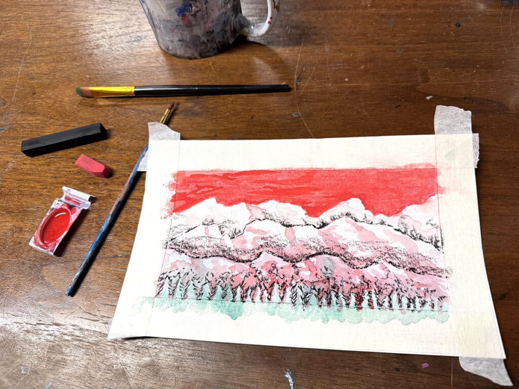 disruption drawing with watercolor and charcoal