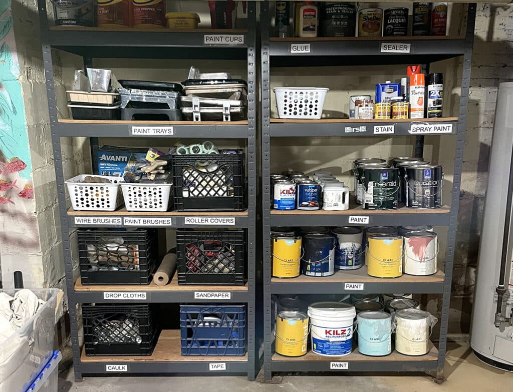 paint cans on shelves
