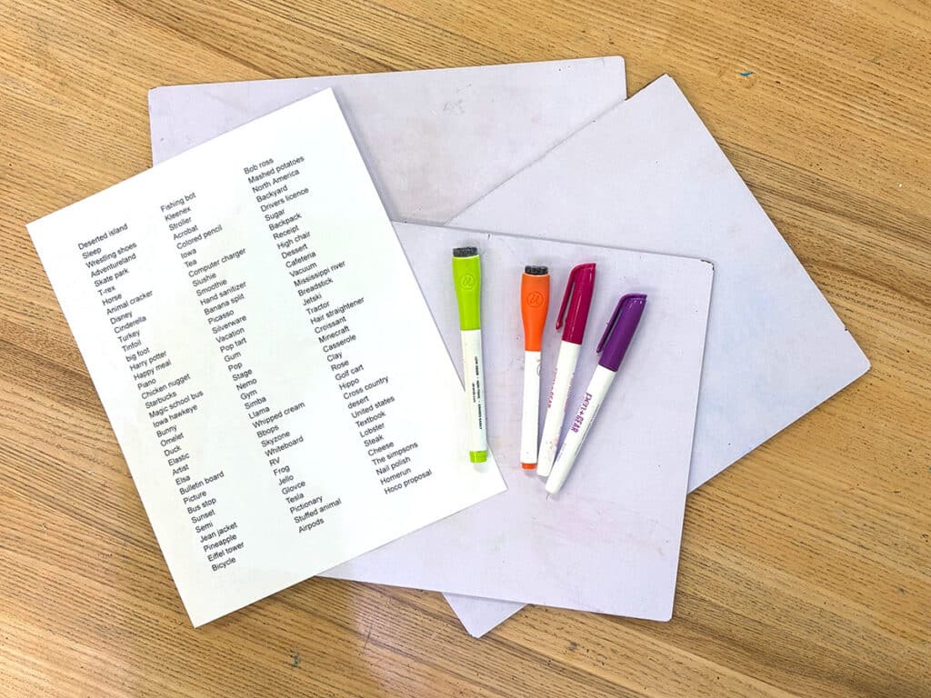 prompt list for pictionary with whiteboards
