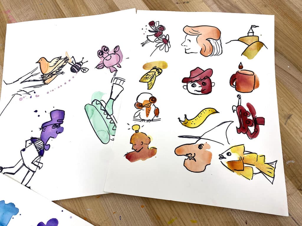 watercolor splatters with doodles