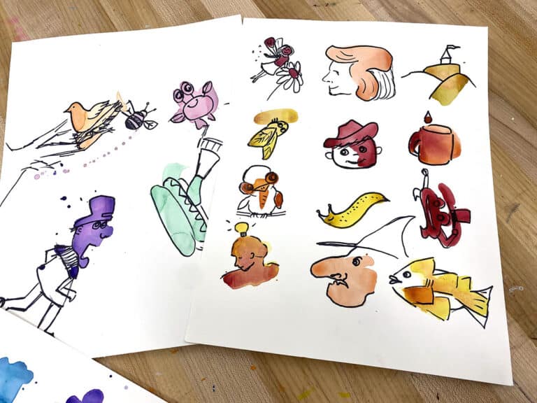 watercolor splatters with doodles