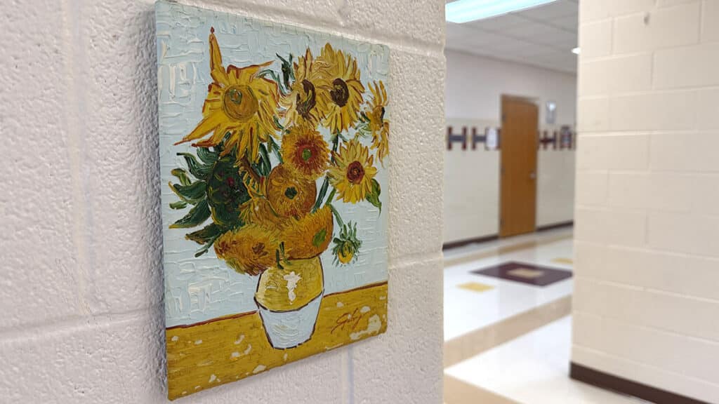 van gogh sunflower replica in the hallway