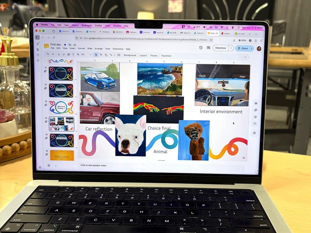 first day slide presentation with student artwork