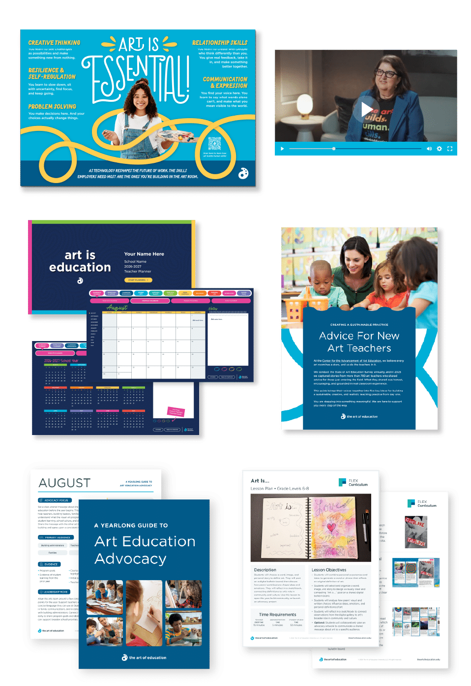 Back-to-school download bundle including printable classroom posters, a video, digital planning calendar, advice for new art teachers, FLEX lesson plans, and an advocacy planning guide.