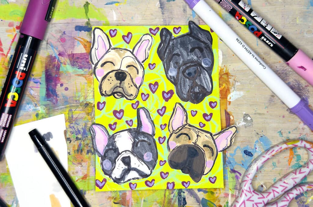 dog collage with art supplies