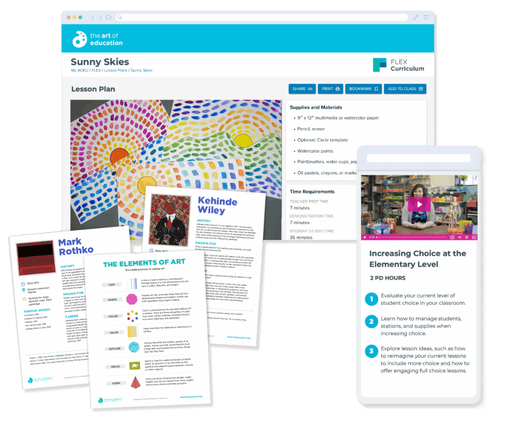 FLEX Curriculum screen and printable lessons plans plus a mobile view of PRO Learning instructional support on-demand videos
