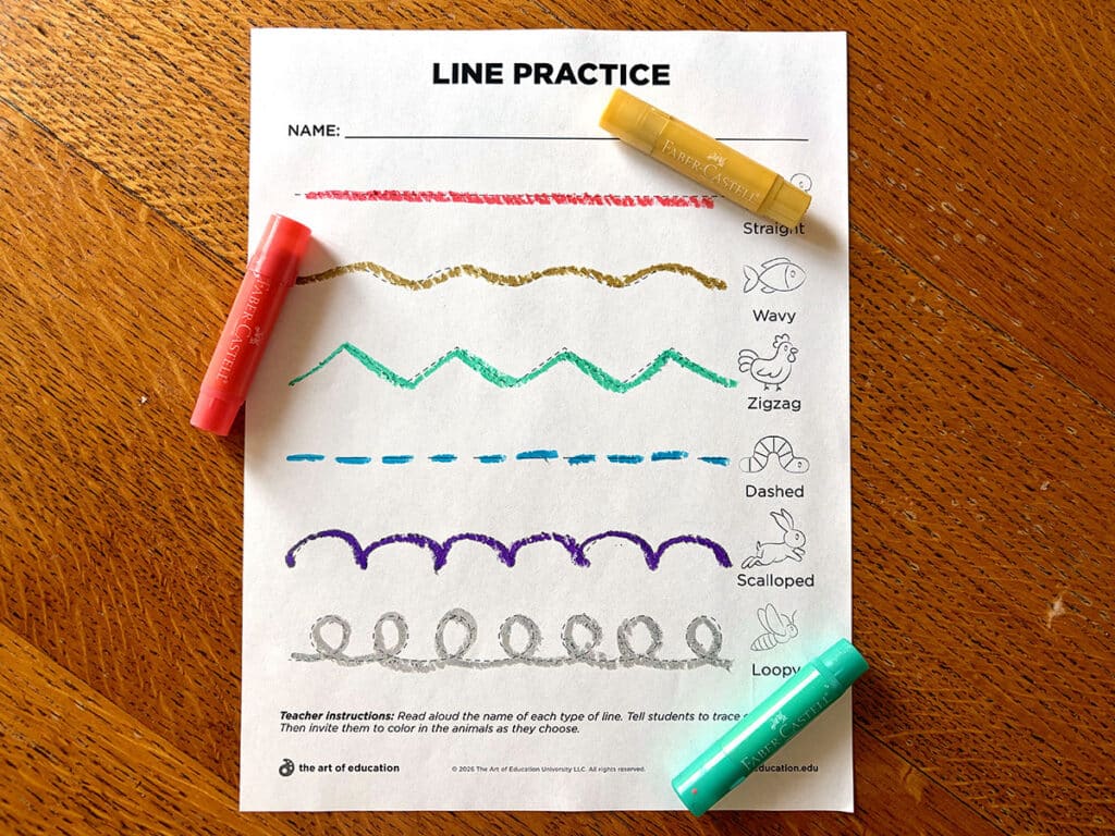 line practice worksheet with paint sticks