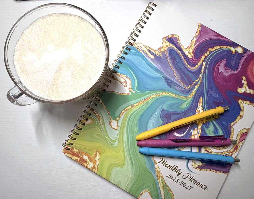 agenda book, pens, mug