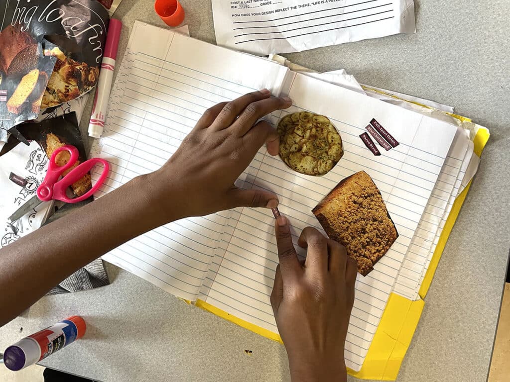student hands collaging
