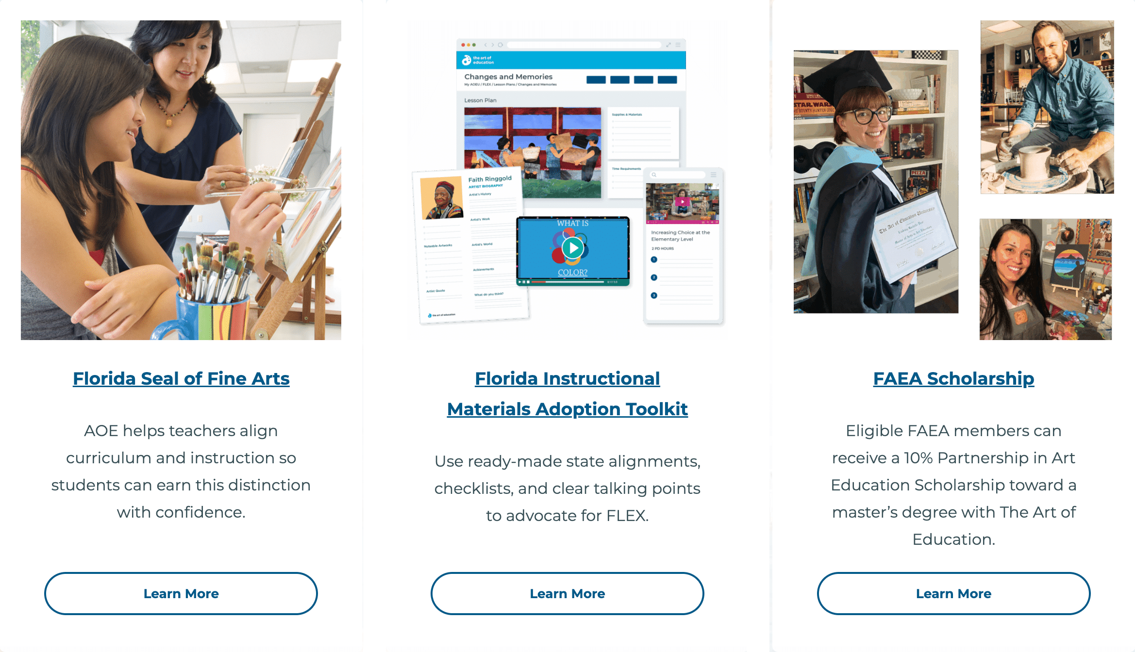 Three promotional cards for Florida arts education resources: Florida Seal of Fine Arts, Florida Instructional Materials Adoption Toolkit, and FAEA Scholarship, each with an image, description, and Learn More button.