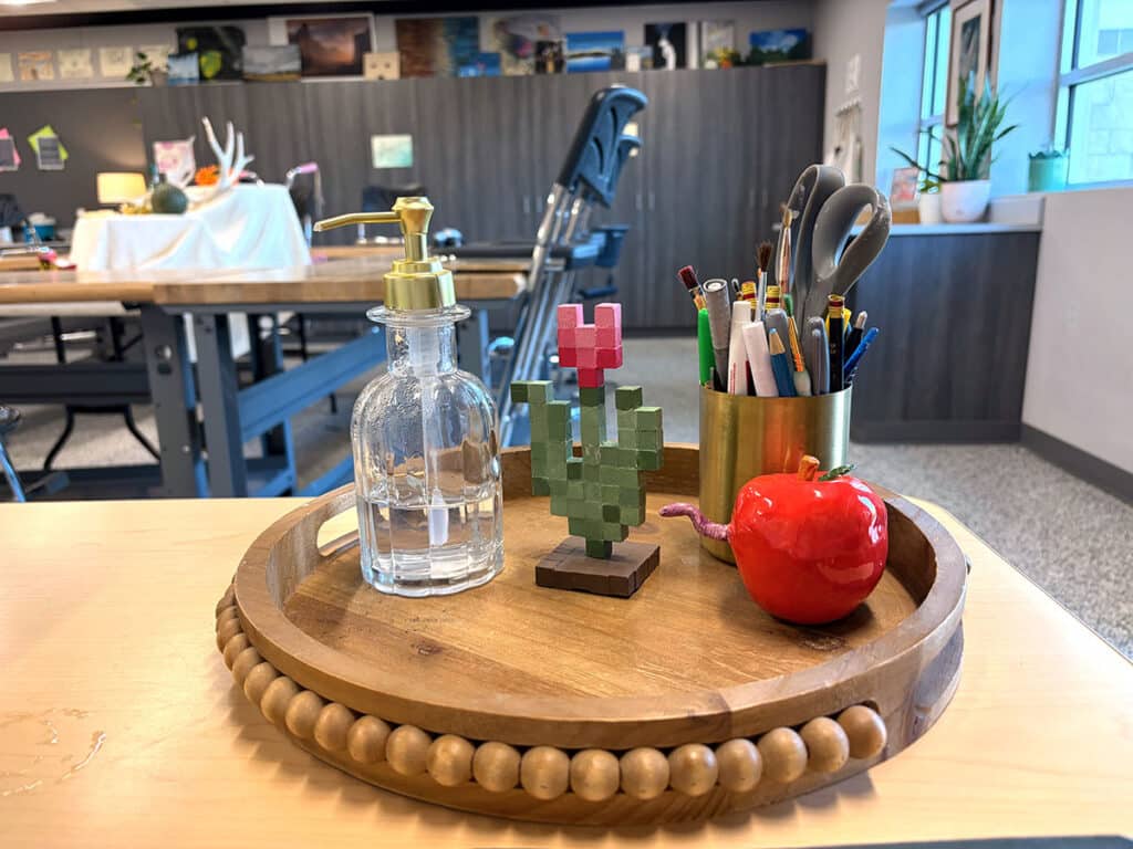 wood tray with teacher supplies